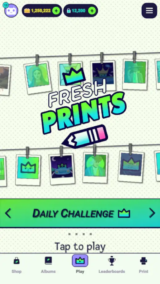 The Fresh Prints home screen, prints pegged to a line